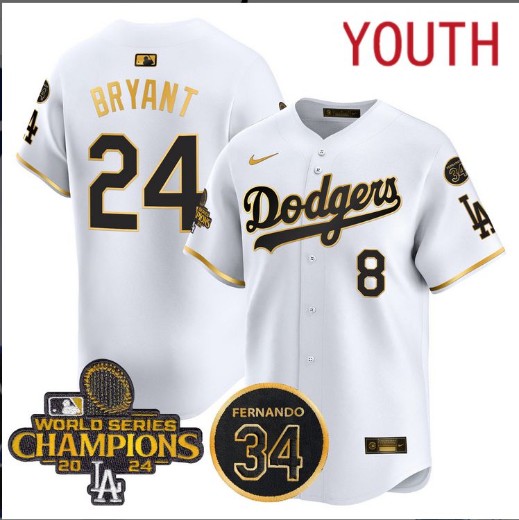 Youth MLB Los Angeles Dodgers 24 Bryant white 2024 World Series Champions Patch Limited Jersey style 3